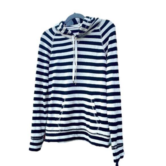J. Crew Tops - J. CREW nubby lightweight navy ivory striped hoodie w/ pocket in size small